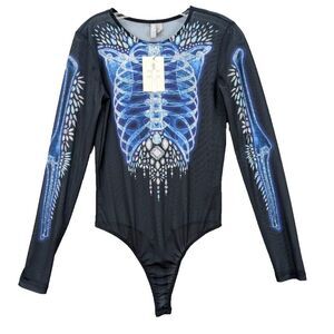 ASOS Halloween Sheer Mesh Skeleton Bodysuit Long Sleeve Black Women's Size 6 NWT